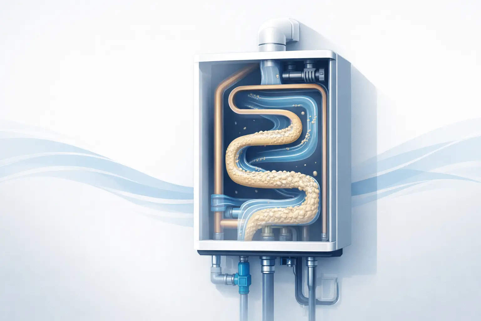 Illustration of mineral buildup reducing flow through a tankless water heater