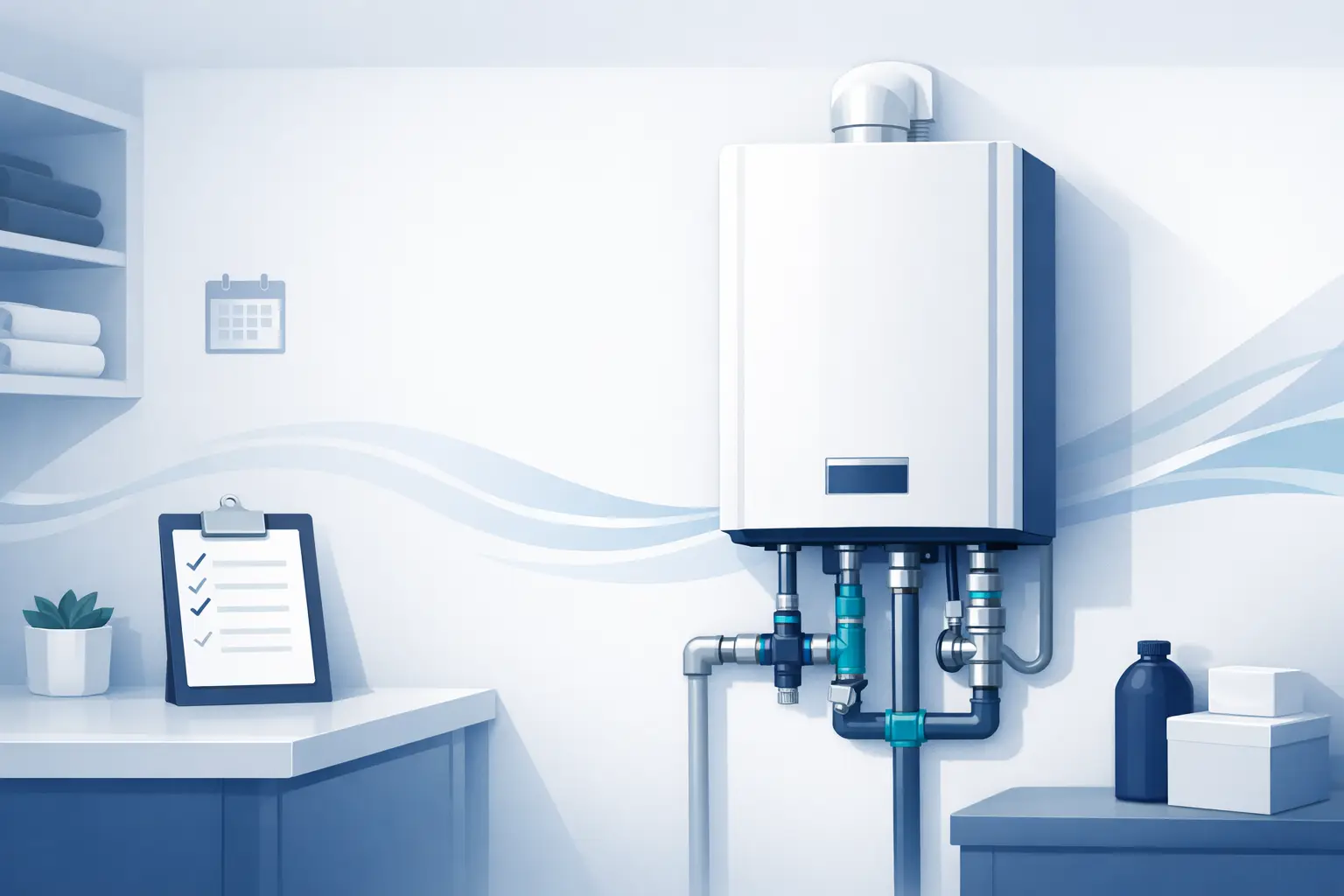 Tankless water heater and preventive maintenance illustration for homeowners looking to reduce water damage risk