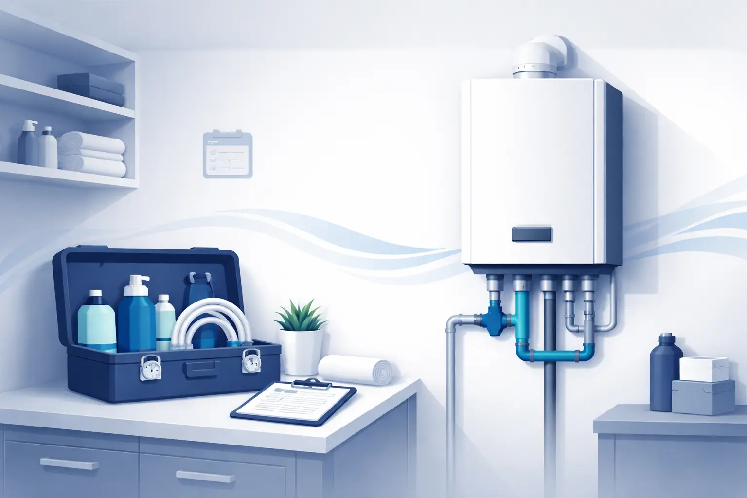 Illustration of a tankless water heater and organized preventive home maintenance setup